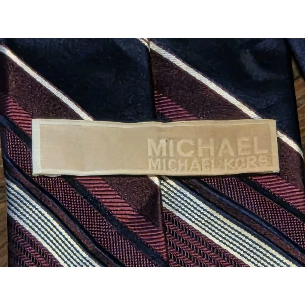 MICHAEL KORS Men's Silk Tie ~ Burgundy, White & Blue Striped